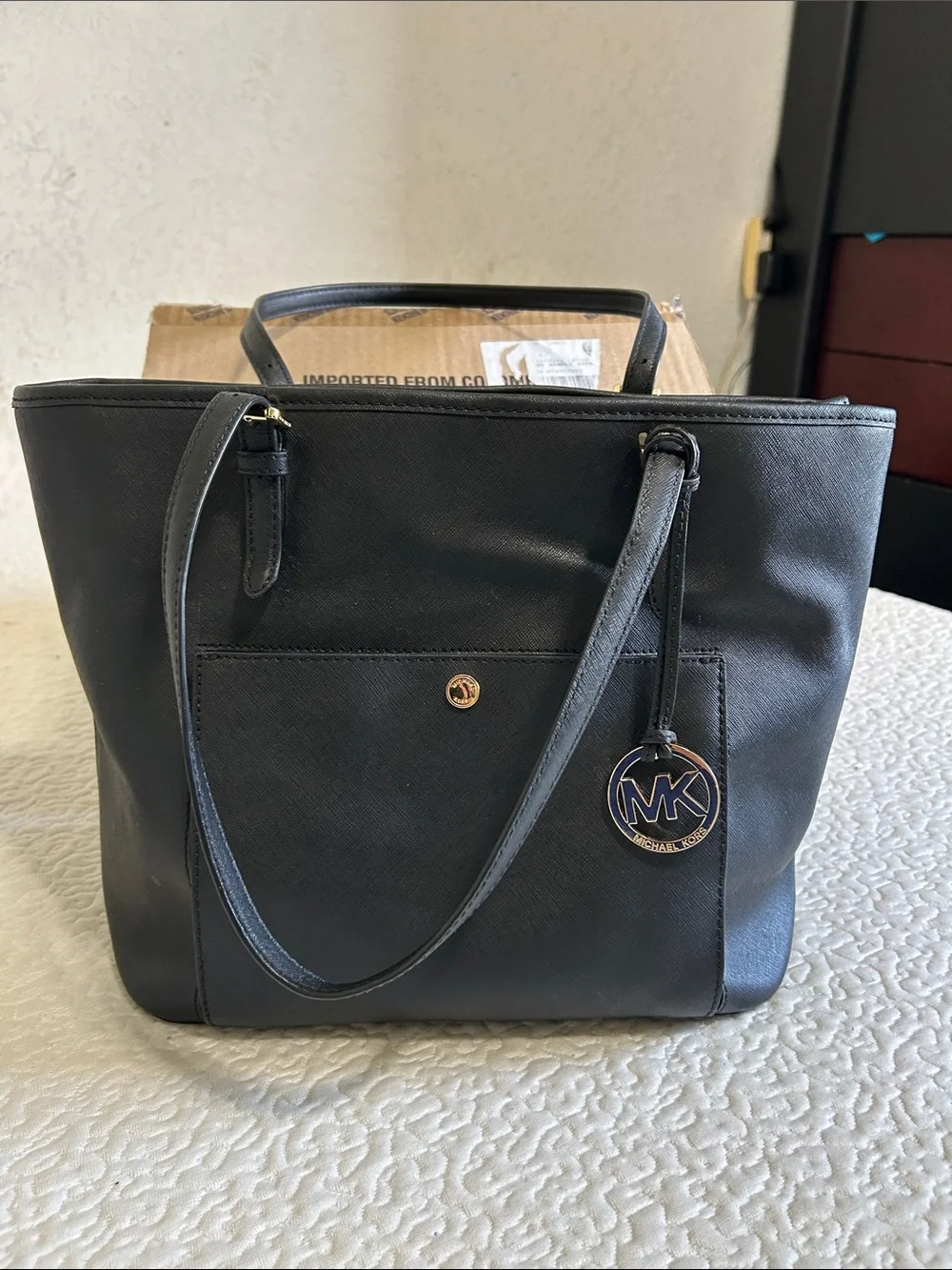 Michael Kors Black Saffiano Tote with MK Logo Charm
